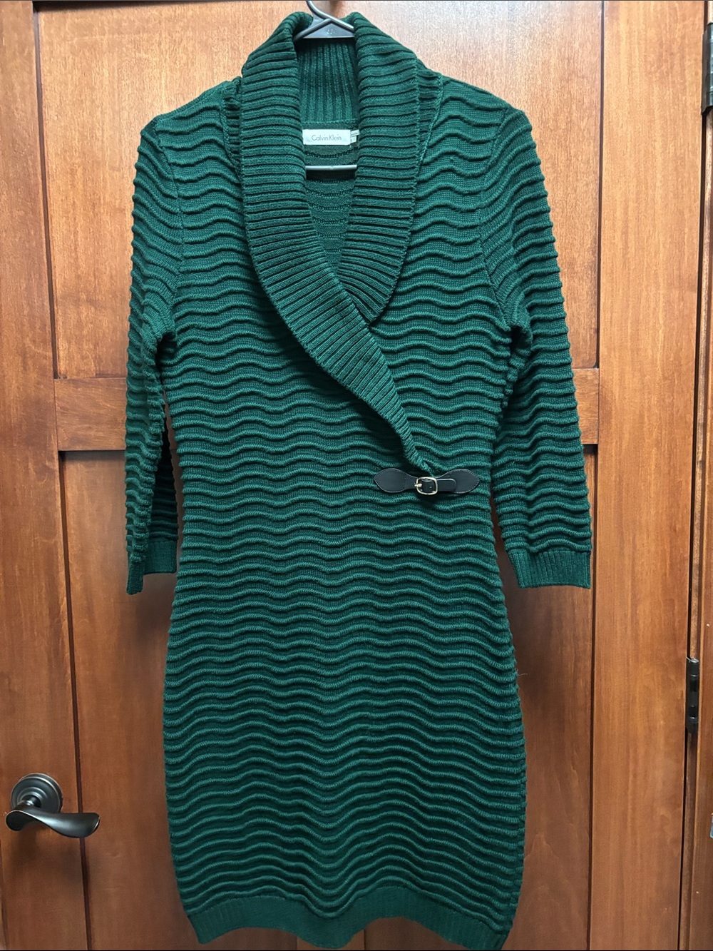 Calvin Klein Emerald Green Ribbed Shawl Collar Knit Dress - vintage small